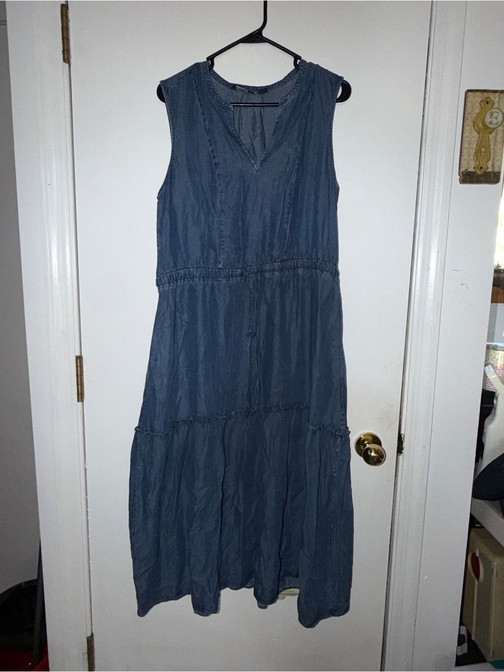 Lands' End Sleeveless Slate Blue Tiered V-Neck Maxi Dress